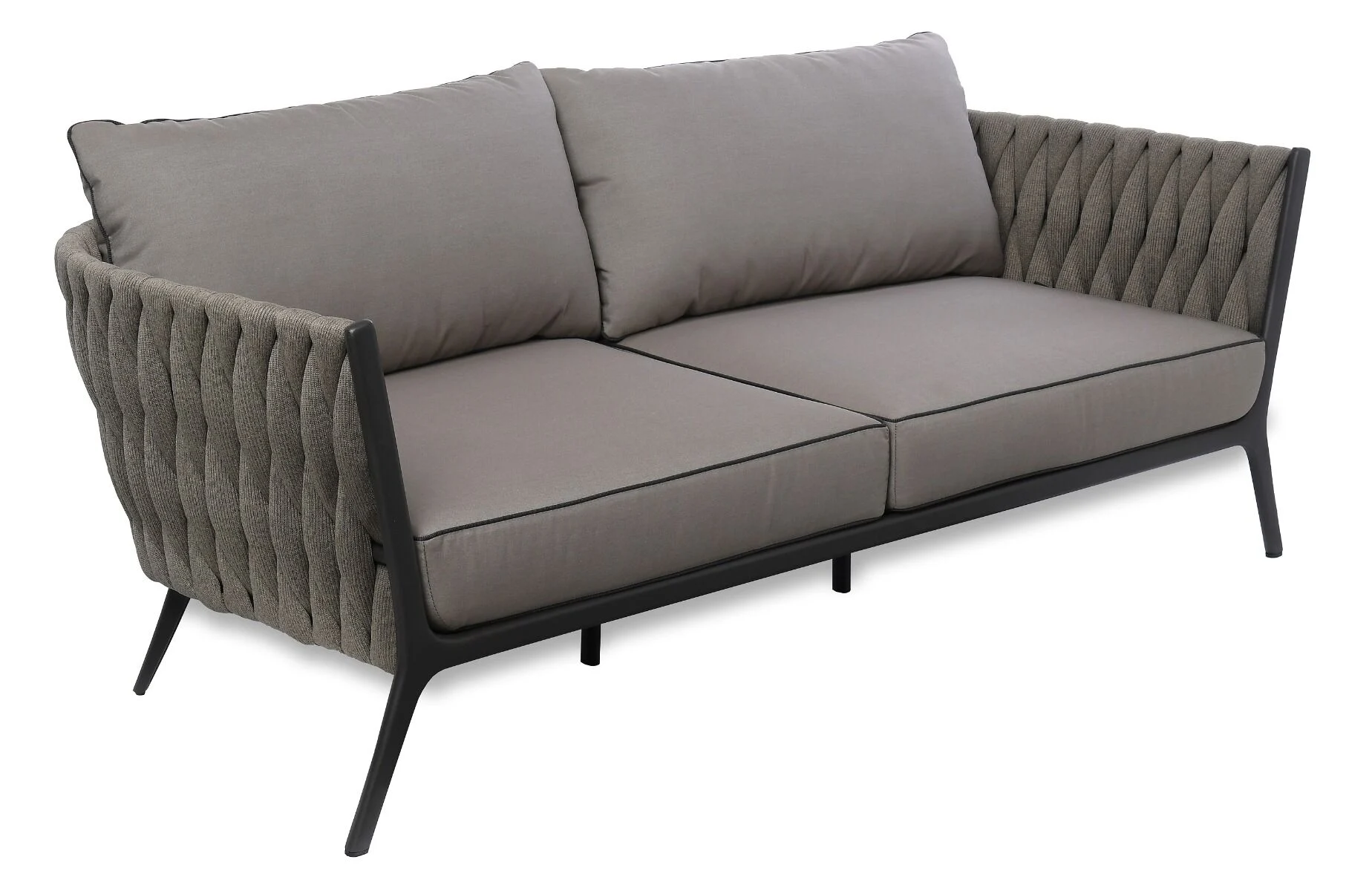 SOFA OGRODOWA 2 osobowa, antracytowy stelaż, tkanina w kolorze taupe, zestaw ogrodowy OM005, ekskluzywna