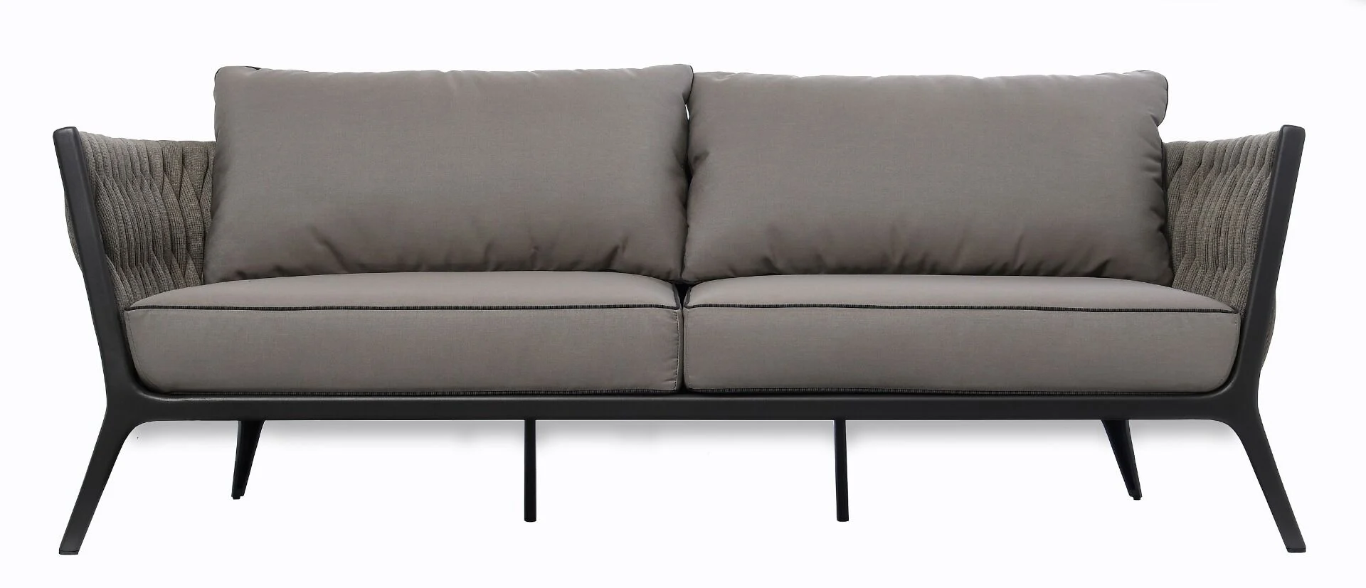 SOFA OGRODOWA 2 osobowa, antracytowy stelaż, tkanina w kolorze taupe, zestaw ogrodowy OM005, piękna