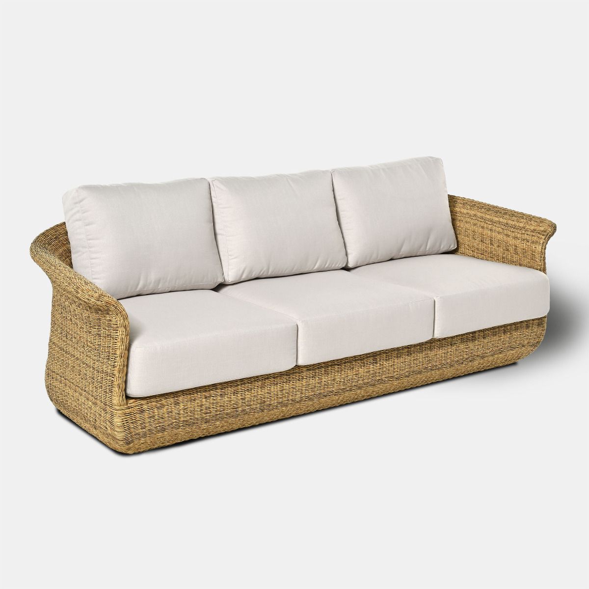 SOFA OGRODOWA 3 osobowa, obłe kształty, technorattan w naturalnym kolorze, zestaw ogrodowy OM004, piękna