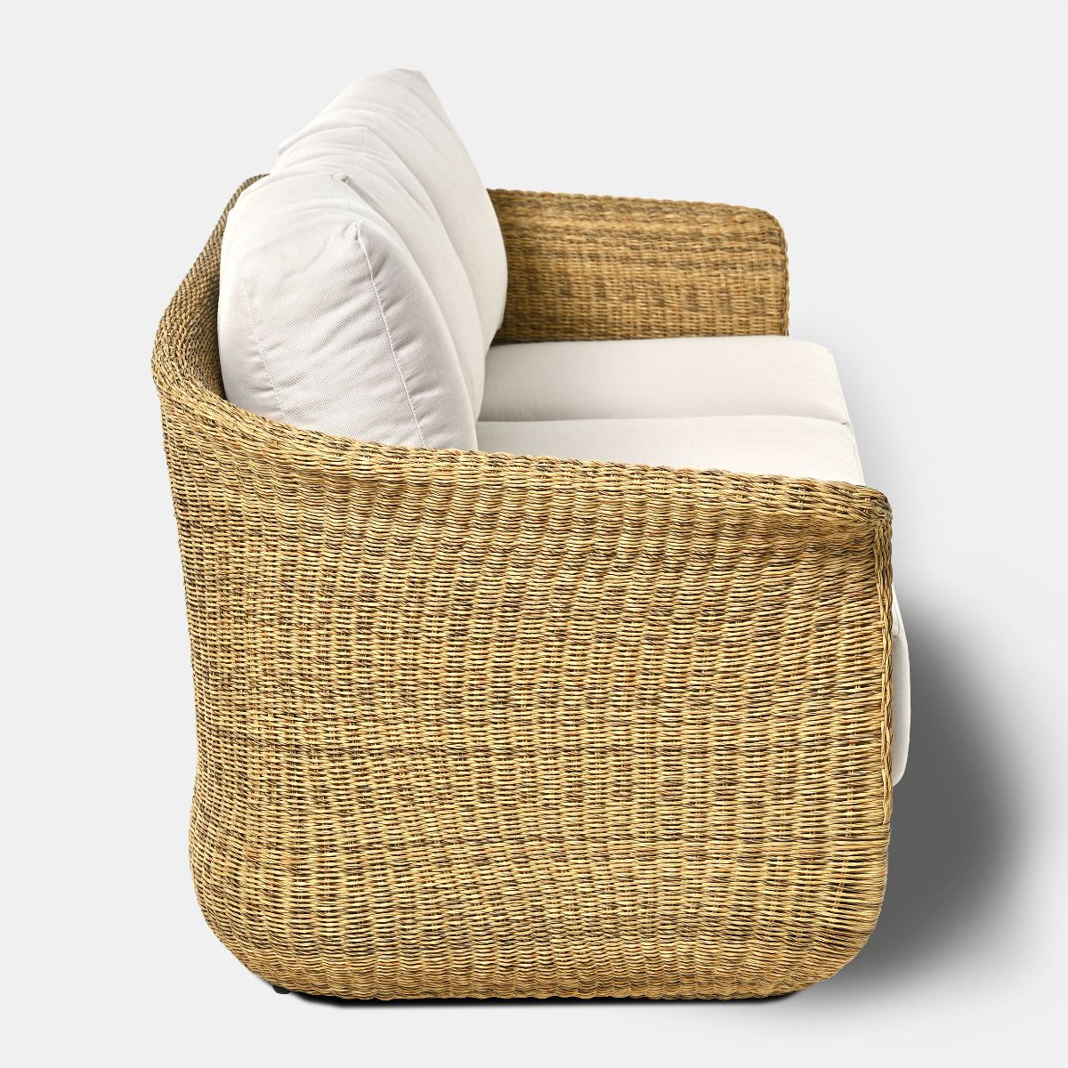 SOFA OGRODOWA 3 osobowa, obłe kształty, technorattan w naturalnym kolorze, zestaw ogrodowy OM004, wyjątkowa