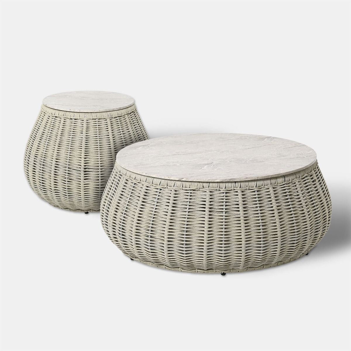 STOLIK KAWOWY OGRODOWY mały, szary sznur, blat z konglomeratu marmurowego, zestaw ogrodowy OM001, piękny