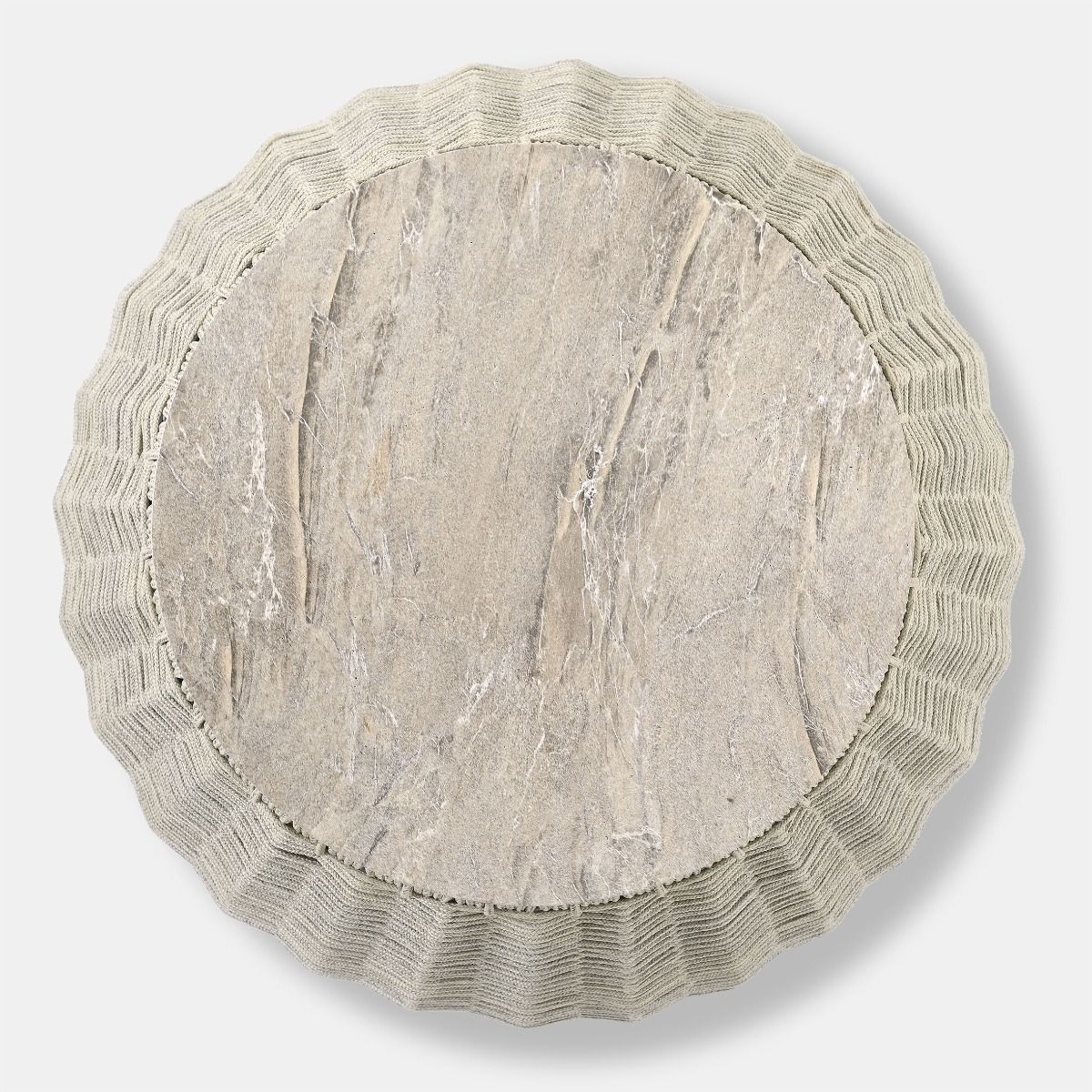 STOLIK KAWOWY OGRODOWY mały, szary sznur, blat z konglomeratu marmurowego, zestaw ogrodowy OM001, wyjątkowy