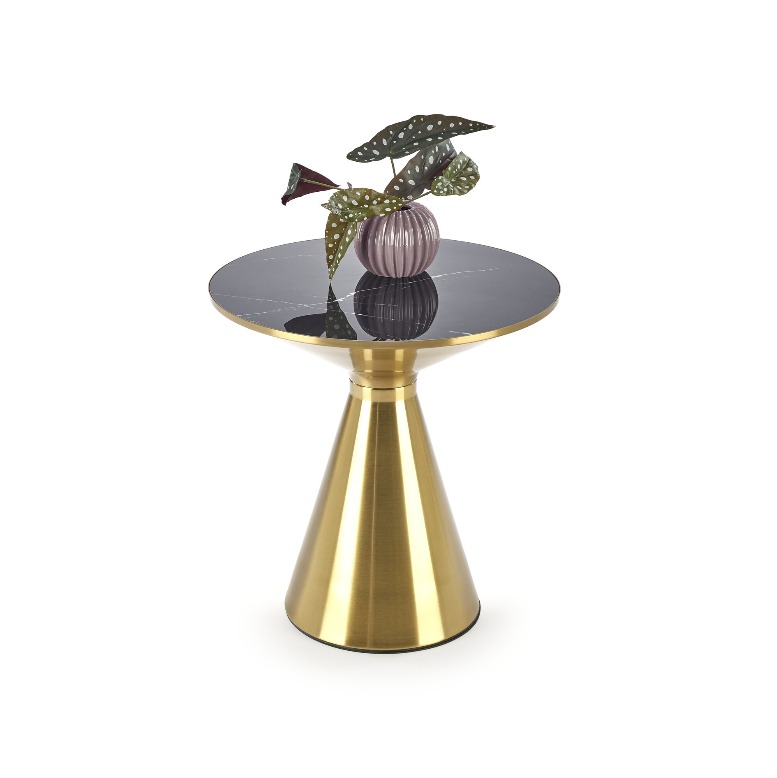 STOLIK KAWOWY na złotej, metalowej podstawie, czarny ceramiczny blat, glamour