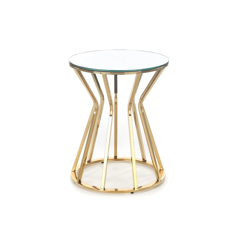 STOLIK KAWOWY na złotej profilowanej podstawie, lustrzany blat, styl glamour