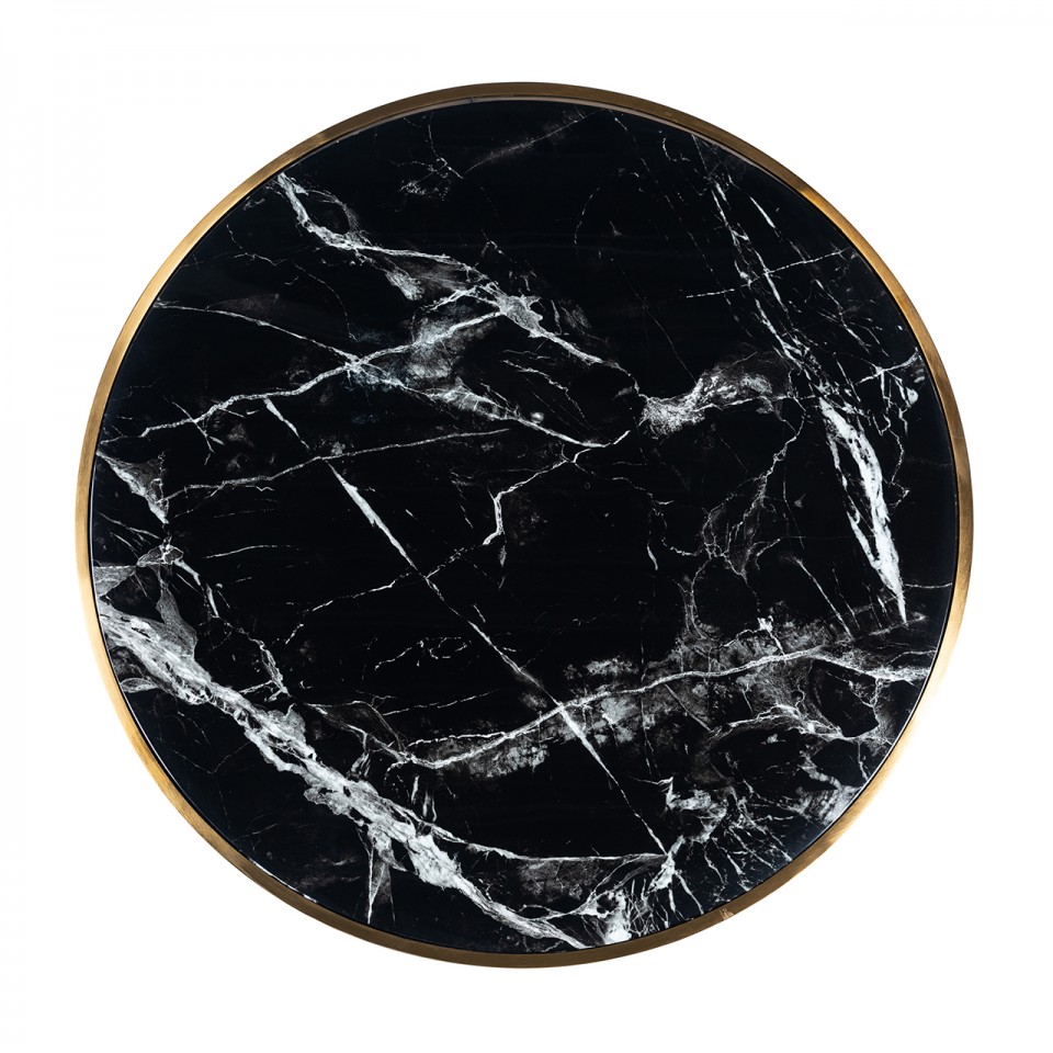 STOLIK KAWOWY okrągły, złota metalowa podstawa, czarny blat z konglomeratu, styl glamour, piękny