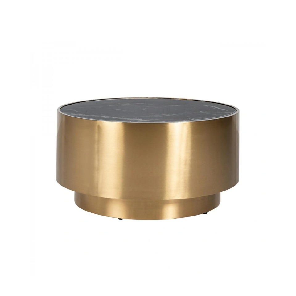 STOLIK KAWOWY okrągły, złota metalowa podstawa, czarny blat z konglomeratu, styl glamour