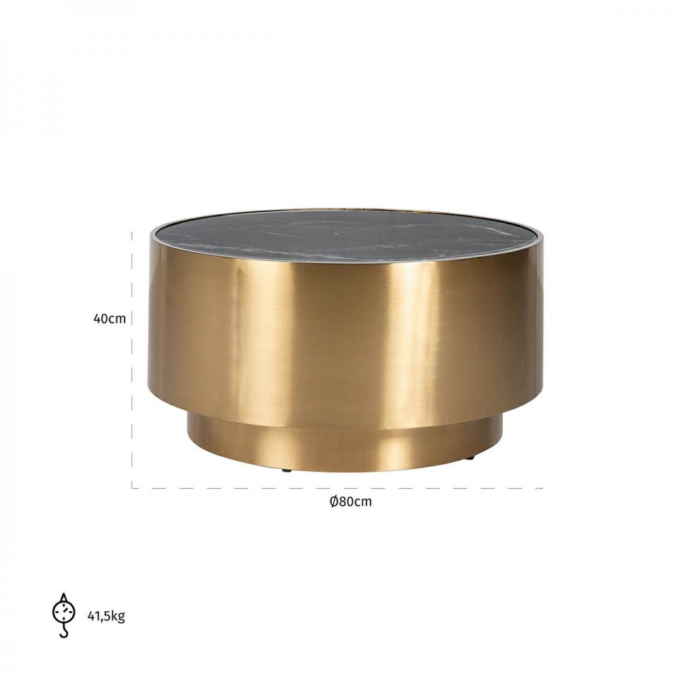 STOLIK KAWOWY okrągły, złota metalowa podstawa, czarny blat z konglomeratu, styl glamour, wymiary