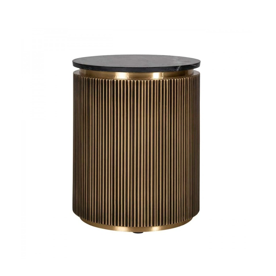 STOLIK POMOCNICZY mosiężna podstawa w kształcie walca, czarny marmurowy blat, glamour