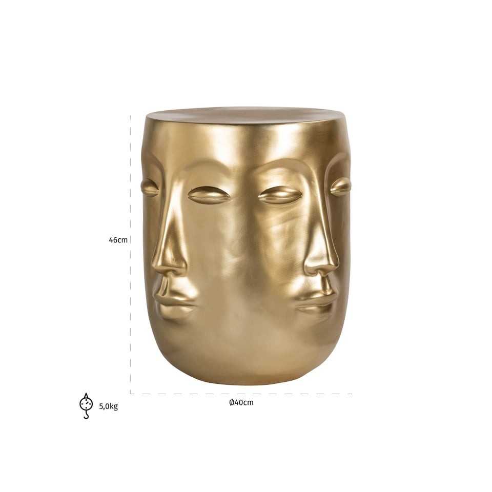 STOLIK POMOCNICZY z żywicy, okrągły, złoty, motyw twarzy, designerski charakter, wymiary STOLIK POMOCNICZY z żywicy, okrągły, złoty, motyw twarzy, designerski charakter, wymiary