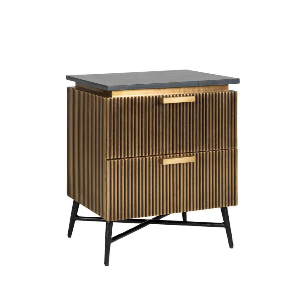 SZAFKA NOCNA z czarnym blatem i mosiężnym korpusem, dwie szuflady, styl glamour