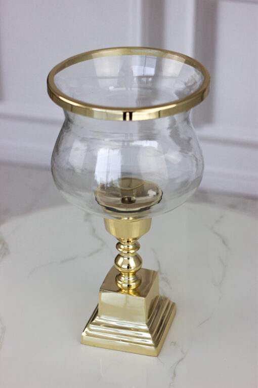 WAZON szklany na złotej metalowej podstawie, kształt kielicha, styl glamour, piękny