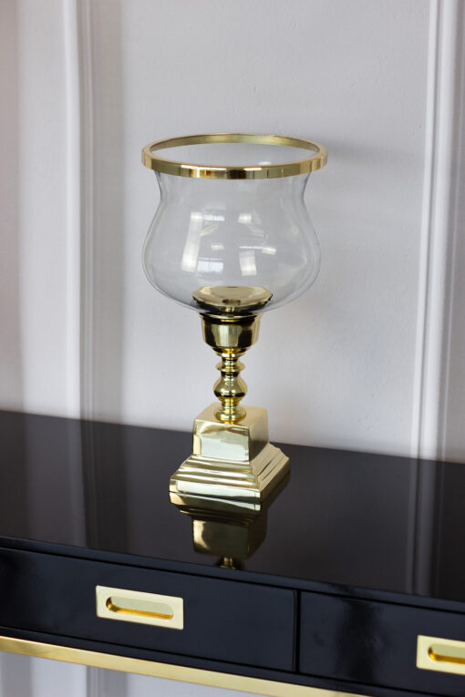 WAZON szklany na złotej metalowej podstawie, kształt kielicha, styl glamour, wyjątkowy