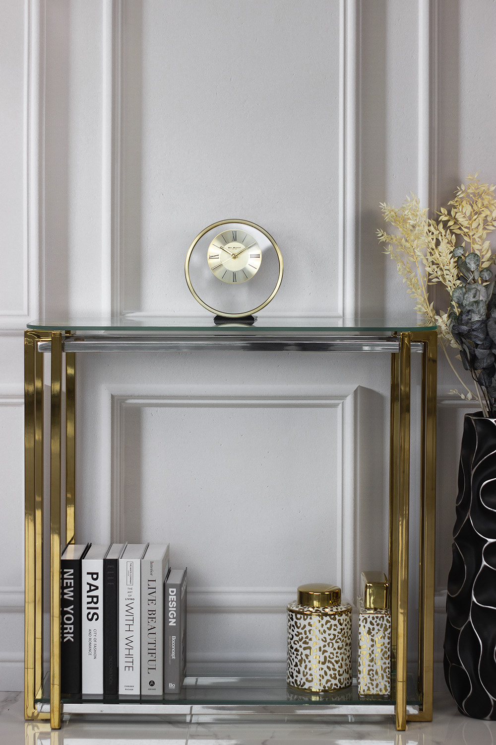 ZEGAR STOJĄCY metalowo-szklany, złota rama, okrągły, styl glamour, kominkowy ZEGAR STOJĄCY metalowo-szklany, złota rama, okrągły, styl glamour, kominkowy