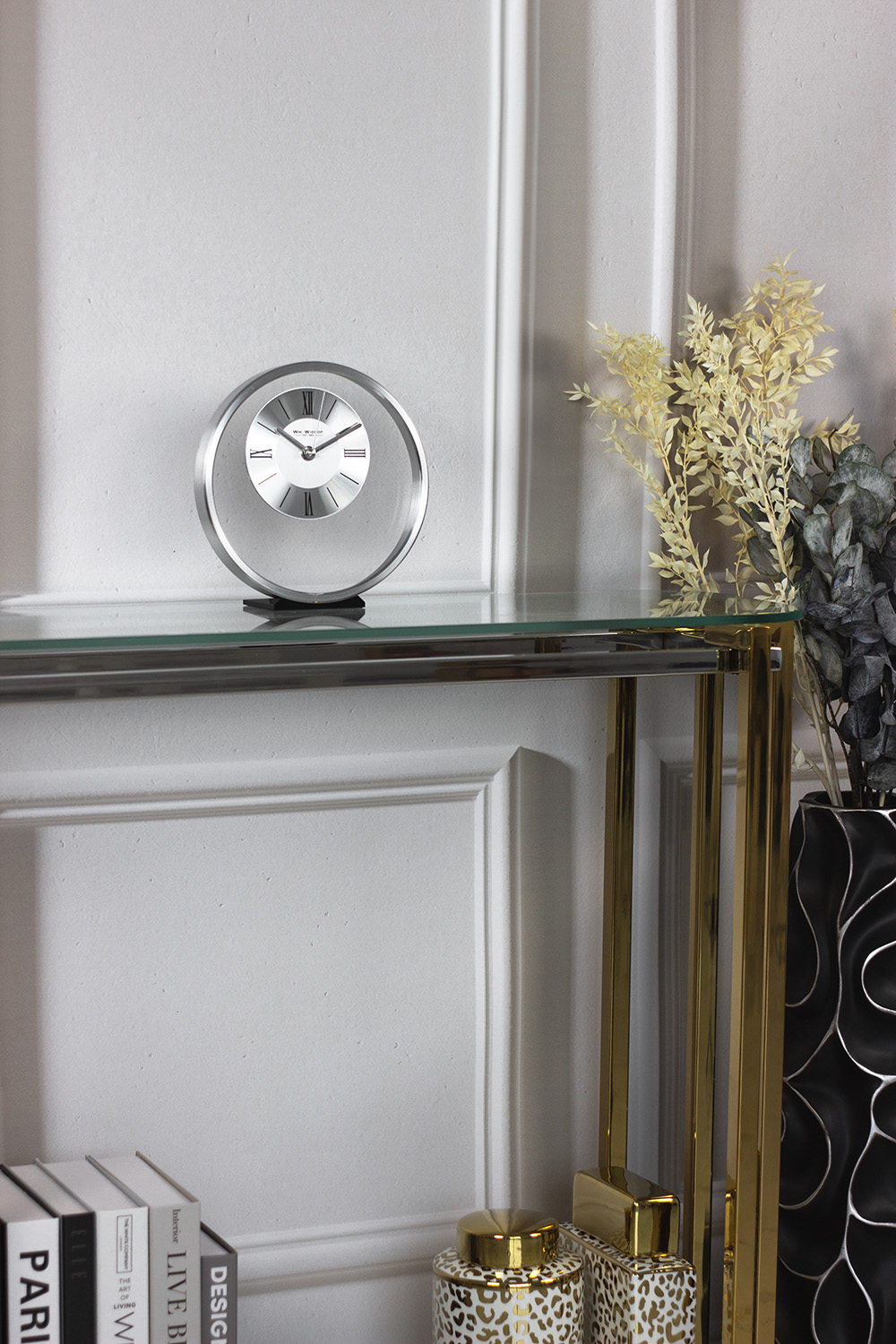 ZEGAR STOJĄCY okrągły, srebrna metalowa rama, szklany panel, nowoczesny, na komodę ZEGAR STOJĄCY okrągły, srebrna metalowa rama, szklany panel, nowoczesny, na komodę