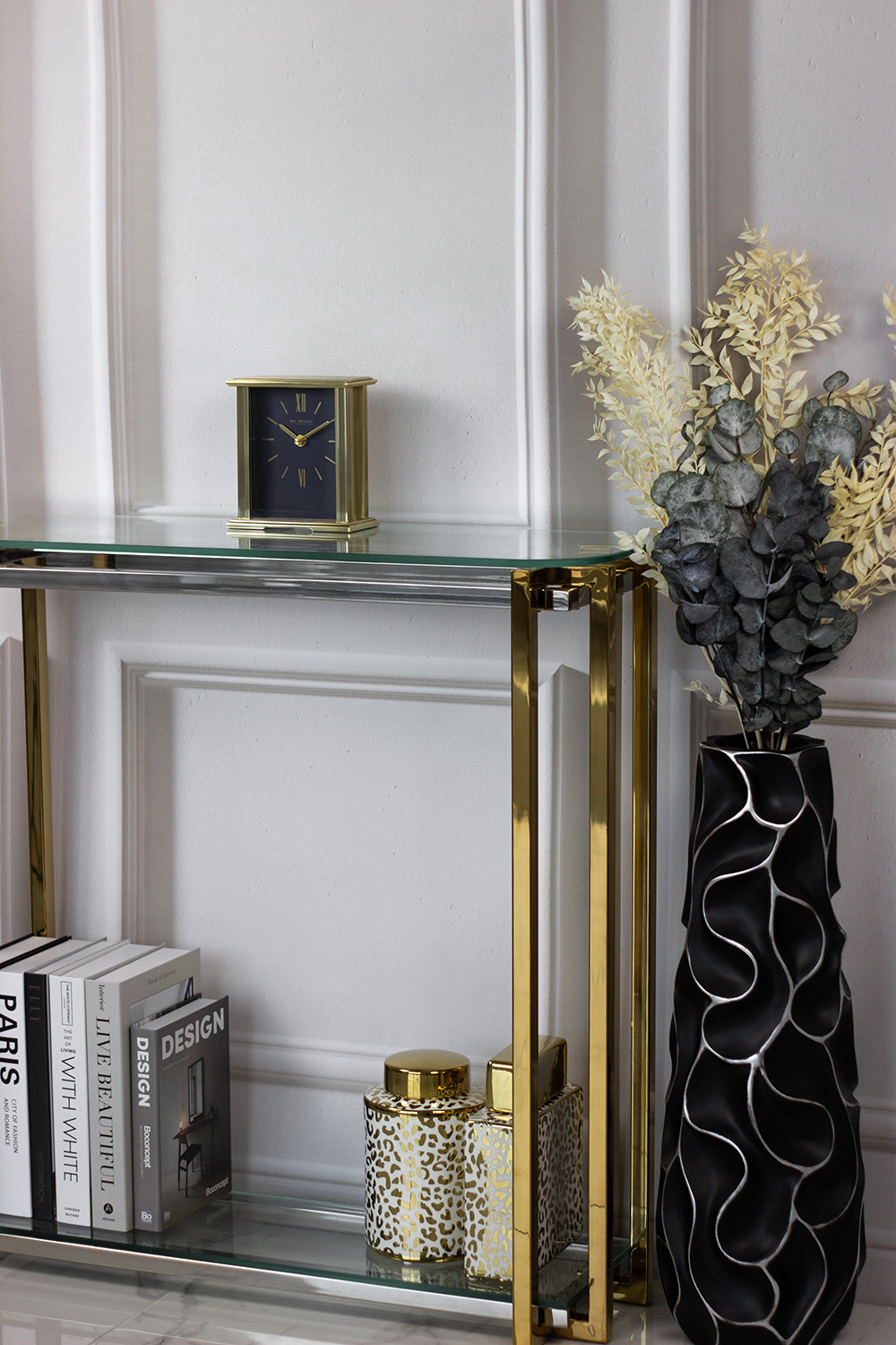 ZEGAR STOJĄCY prostokątny, złota rama, granatowa tarcza, styl glamour, kominkowy ZEGAR STOJĄCY prostokątny, złota rama, granatowa tarcza, styl glamour, kominkowy