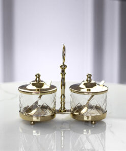 ZESTAW 2 CUKIERNIC szklanych na złotym, metalowym stojaku, styl glamour