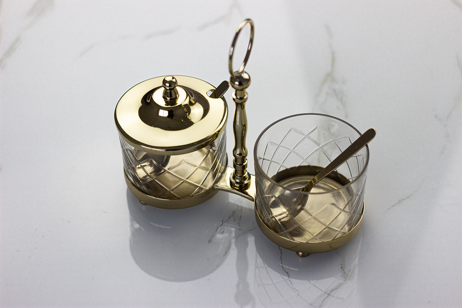 ZESTAW 2 CUKIERNIC szklanych na złotym, metalowym stojaku, styl glamour, wyjątkowy