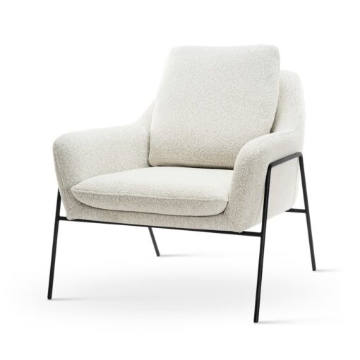 FOTEL WYPOCZYNKOWY na czarnym stelażu, biały elegancki materiał, nowoczesny styl