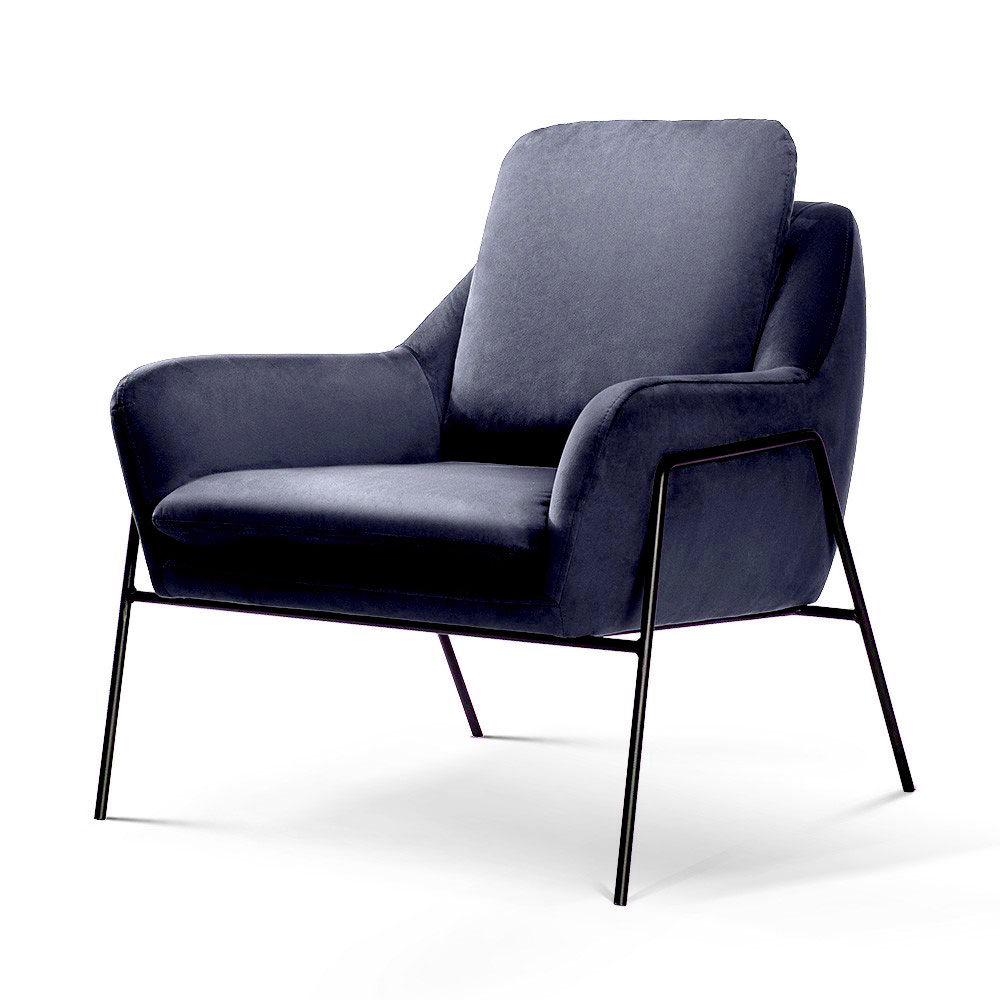 FOTEL WYPOCZYNKOWY na czarnym stelażu, elegancki welurowy materiał, nowoczesny styl, granatowy