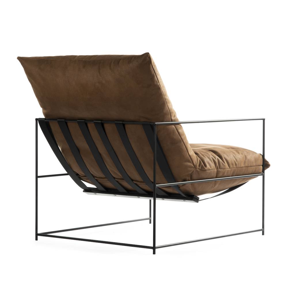 FOTEL WYPOCZYNKOWY nowoczesny, na lekkim, metalowym stelażu, brązowa tapicerka, loftowy styl, designerski