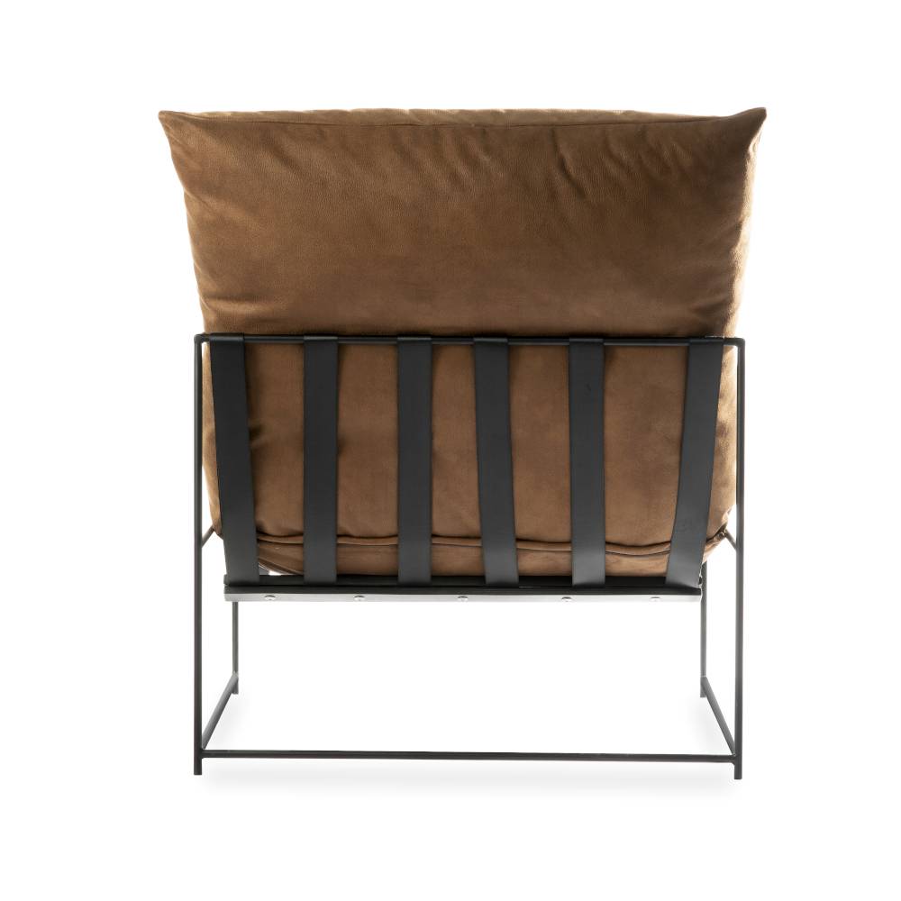 FOTEL WYPOCZYNKOWY nowoczesny, na lekkim, metalowym stelażu, brązowa tapicerka, loftowy styl, nowoczesny