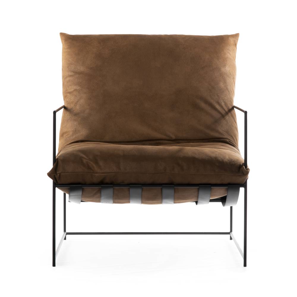 FOTEL WYPOCZYNKOWY nowoczesny, na lekkim, metalowym stelażu, brązowa tapicerka, loftowy styl, piękny