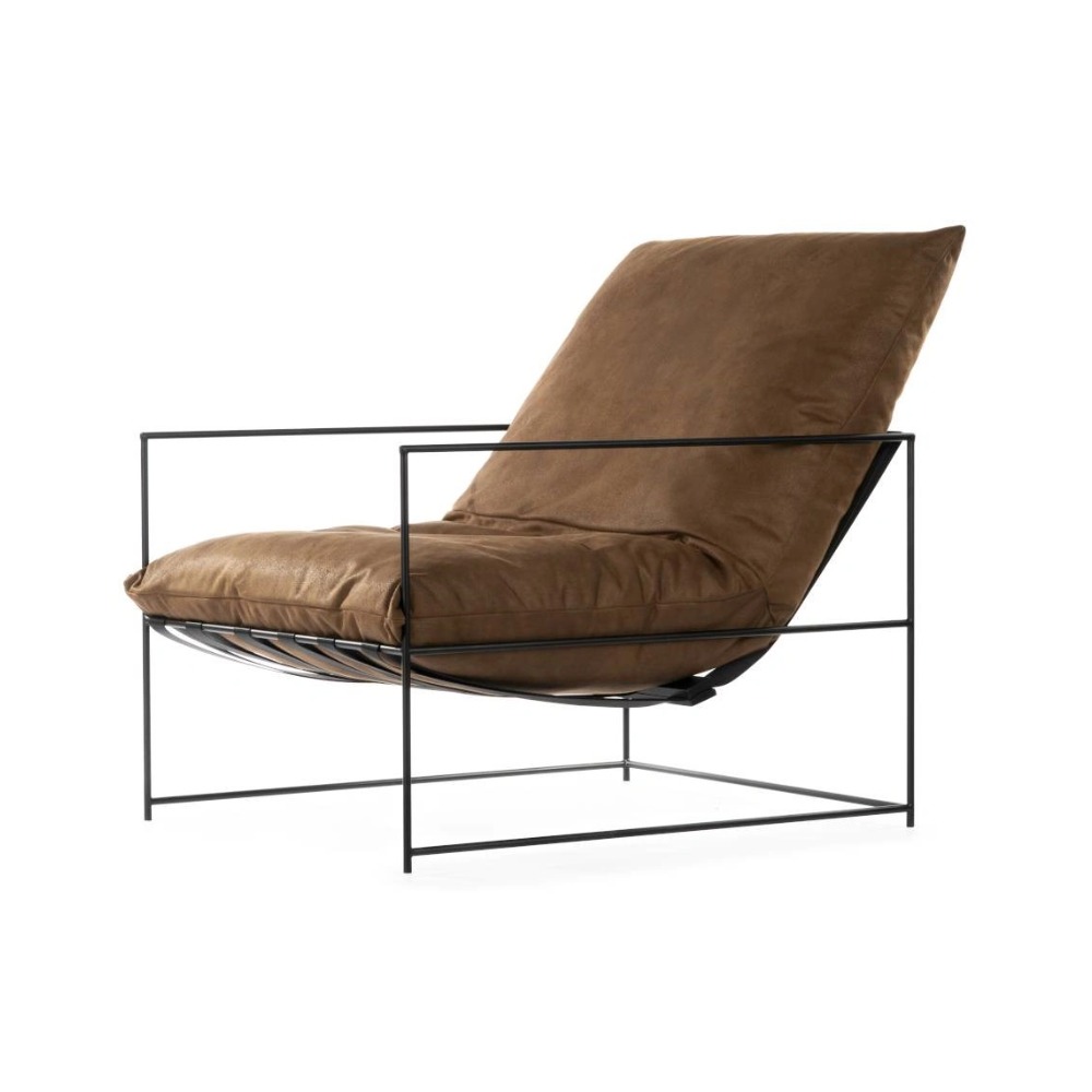 FOTEL WYPOCZYNKOWY nowoczesny, na lekkim, metalowym stelażu, brązowa tapicerka, loftowy styl
