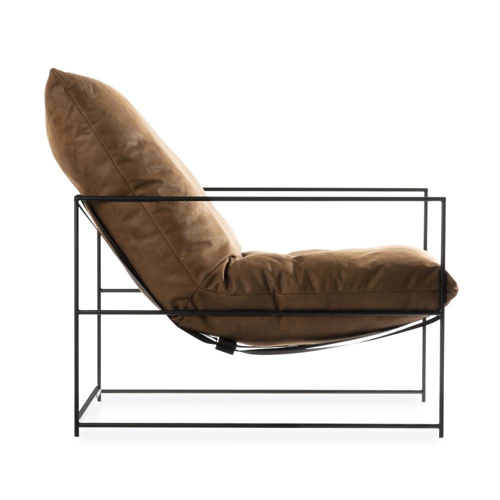 FOTEL WYPOCZYNKOWY nowoczesny, na lekkim, metalowym stelażu, brązowa tapicerka, loftowy styl, wyjątkowy