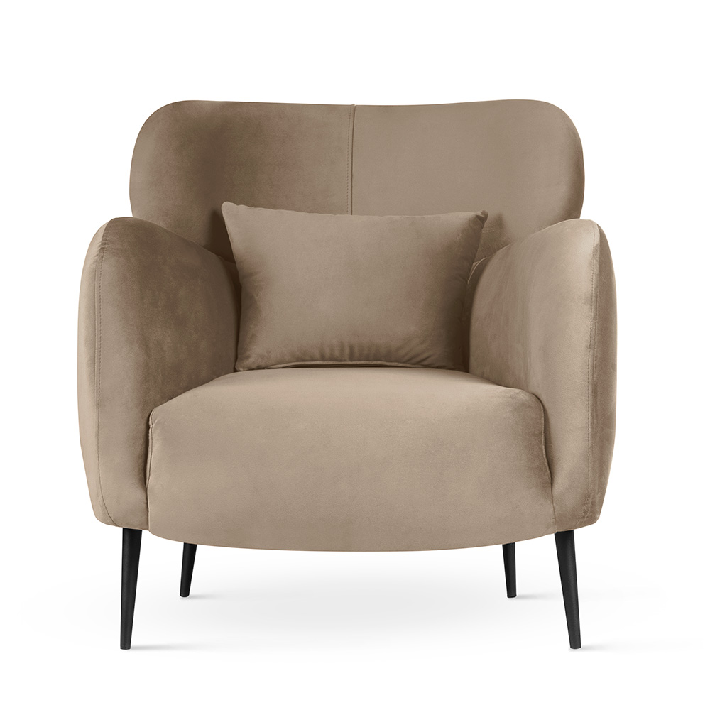 FOTEL WYPOCZYNKOWY z podłokietnikami, na metalowych nogach z welurową tkaniną, styl skandynawski, beżowy, ekskluzywny FOTEL WYPOCZYNKOWY z podłokietnikami, na metalowych nogach z welurową tkaniną, styl skandynawski, beżowy, ekskluzywny