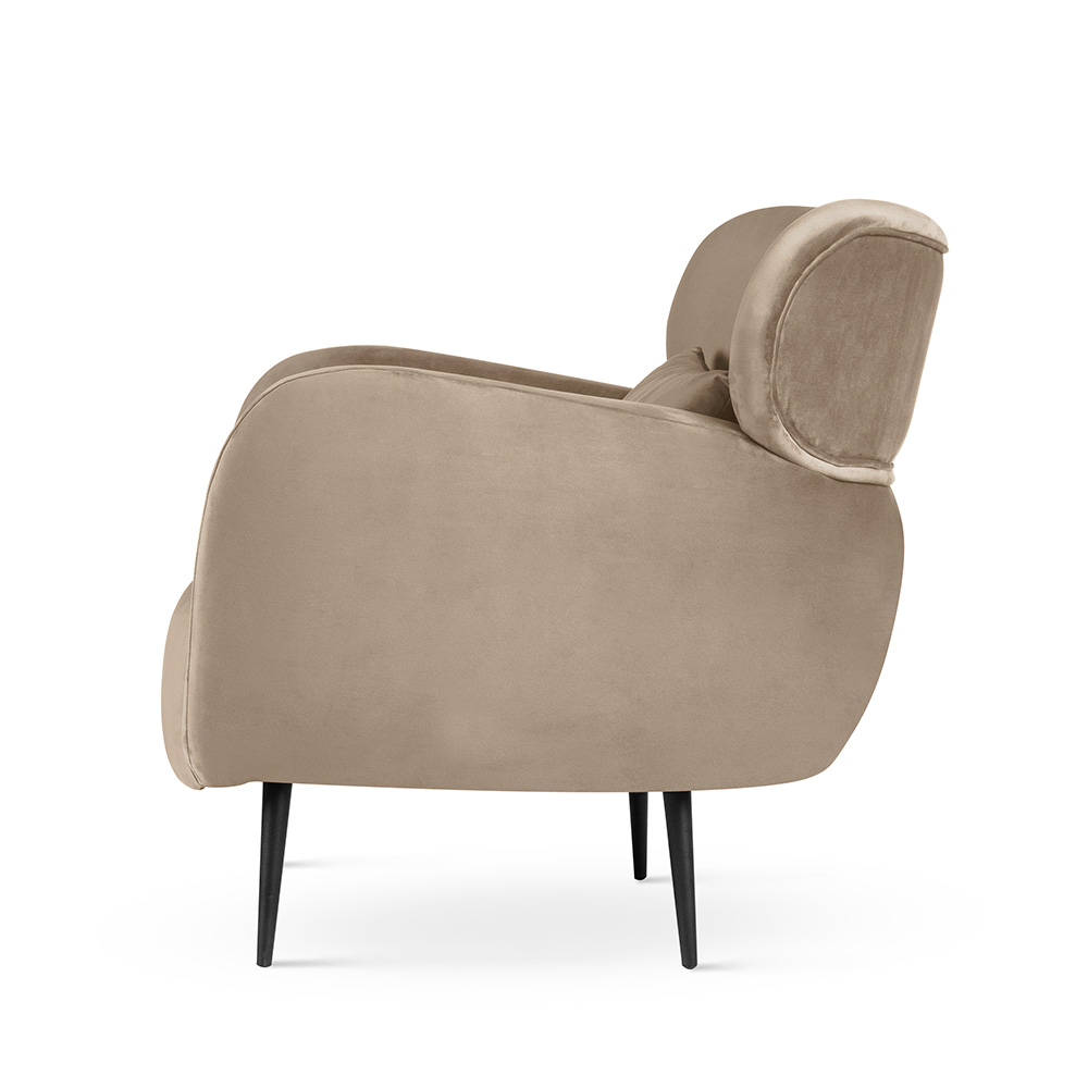 FOTEL WYPOCZYNKOWY z podłokietnikami, na metalowych nogach z welurową tkaniną, styl skandynawski, beżowy wyjątkowy FOTEL WYPOCZYNKOWY z podłokietnikami, na metalowych nogach z welurową tkaniną, styl skandynawski, beżowy wyjątkowy