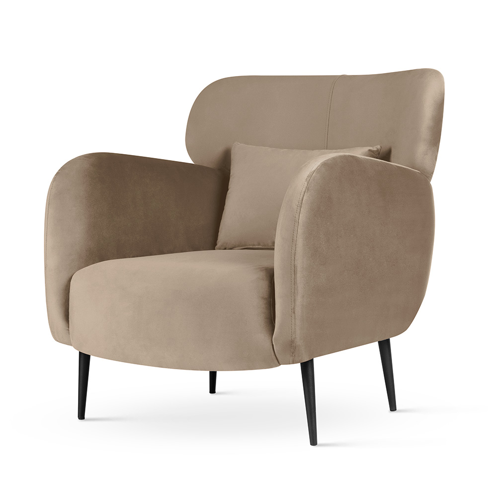 FOTEL WYPOCZYNKOWY z podłokietnikami, na metalowych nogach z welurową tkaniną, styl skandynawski, beżowy FOTEL WYPOCZYNKOWY z podłokietnikami, na metalowych nogach z welurową tkaniną, styl skandynawski, beżowy