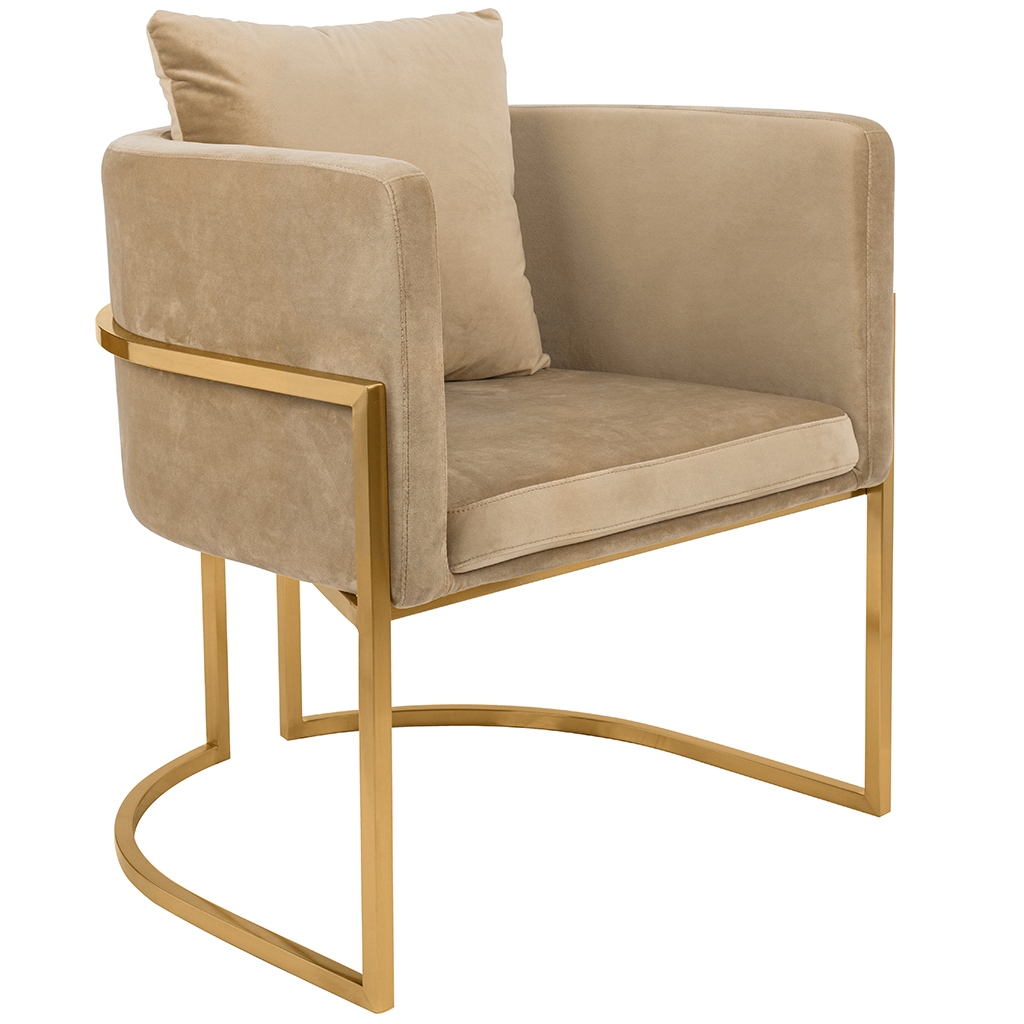 FOTEL na złotej podstawie, z poduszką, welurowa tkanina w kolorze khaki, glamour