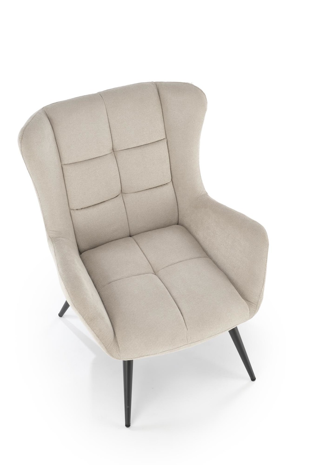 FOTEL wypoczynkowy na czarnych nogach, pikowana welurowa tapicerka, nowoczesny design, beżowy, do sypialni