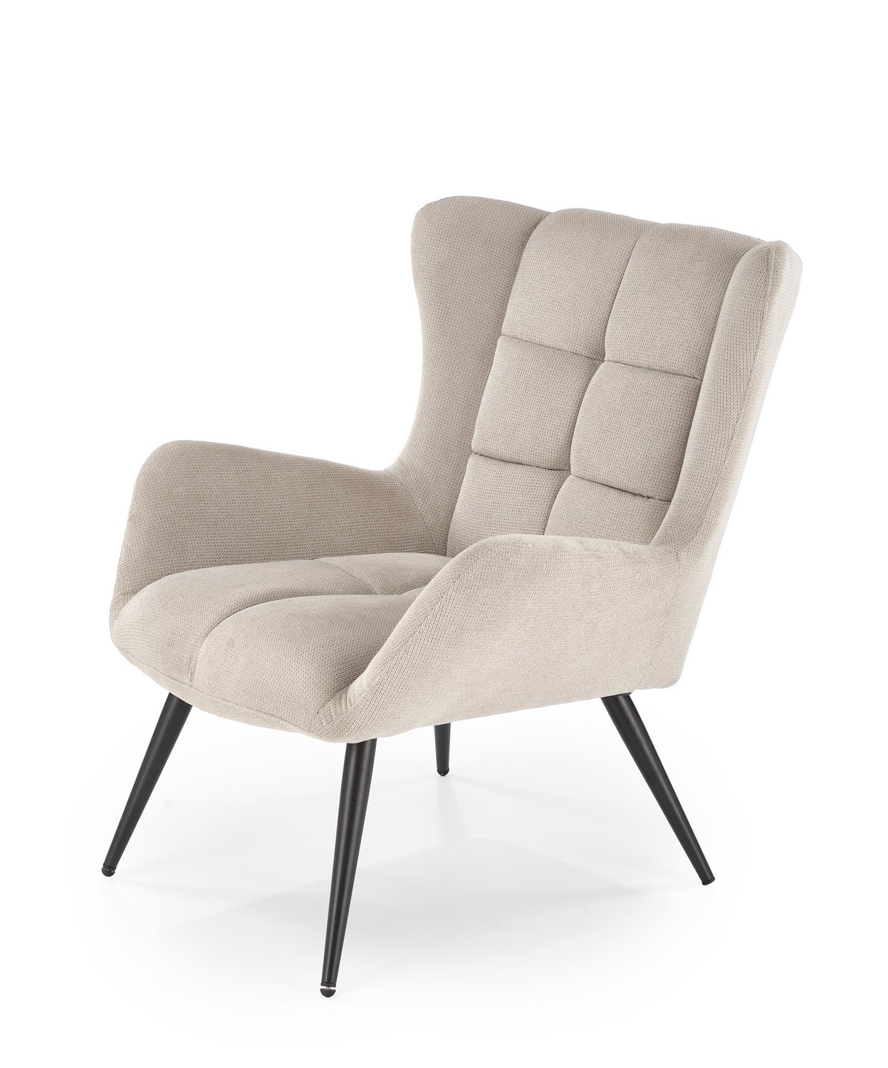 FOTEL wypoczynkowy na czarnych nogach, pikowana welurowa tapicerka, nowoczesny design, beżowy, ekskluzywny