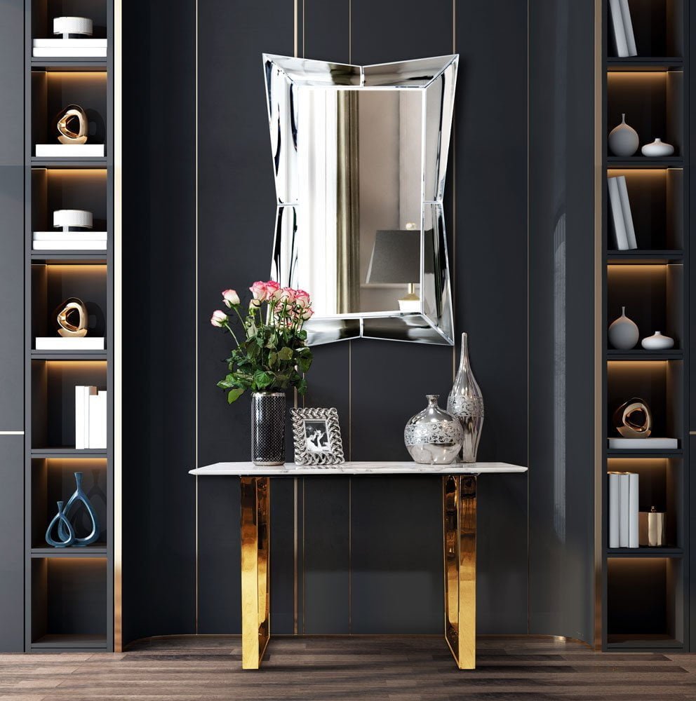 KONSOLA prostokątna z białym marmurowym blatem, złote nogi, styl glamour, ekskluzywna