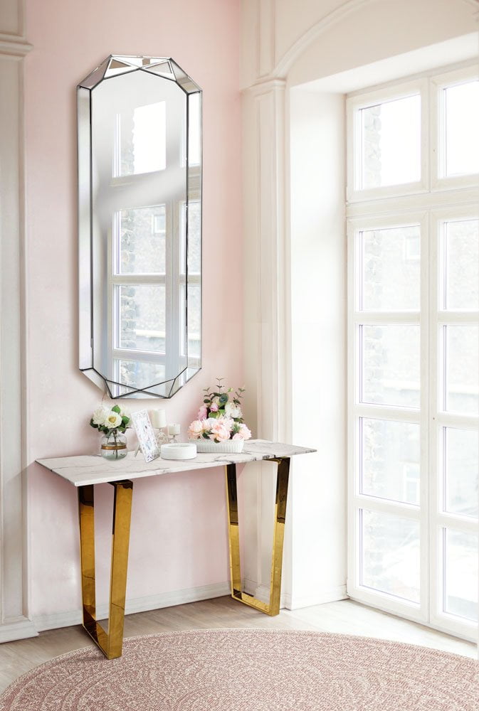 KONSOLA prostokątna z białym marmurowym blatem, złote nogi, styl glamour, wyjątkowa