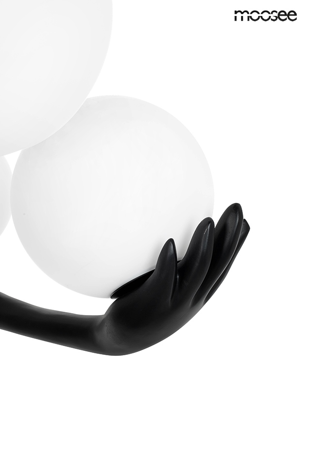 LAMPA PODŁOGOWA czarna w kształcie człowieka, sześć białych kloszy, nowoczesna, do salonu LAMPA PODŁOGOWA czarna w kształcie człowieka, sześć białych kloszy, nowoczesna, do salonu