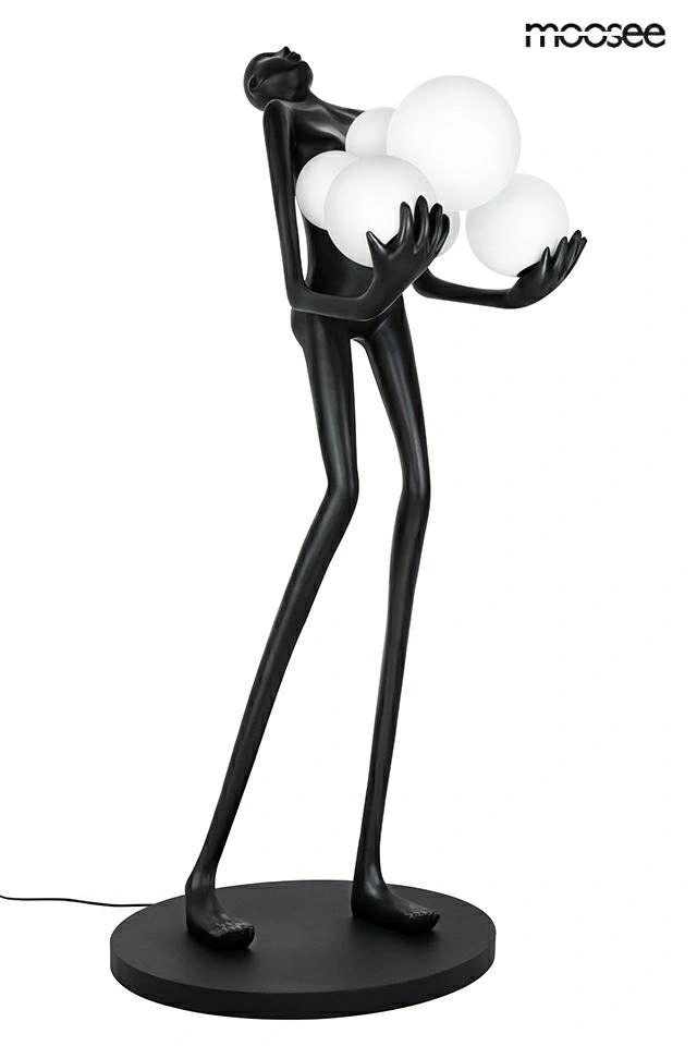 LAMPA PODŁOGOWA czarna w kształcie człowieka, sześć białych kloszy, nowoczesna LAMPA PODŁOGOWA czarna w kształcie człowieka, sześć białych kloszy, nowoczesna