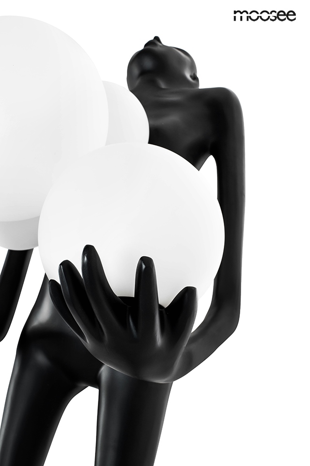 LAMPA PODŁOGOWA czarna w kształcie człowieka, sześć białych kloszy, nowoczesna, wyjątkowa LAMPA PODŁOGOWA czarna w kształcie człowieka, sześć białych kloszy, nowoczesna, wyjątkowa