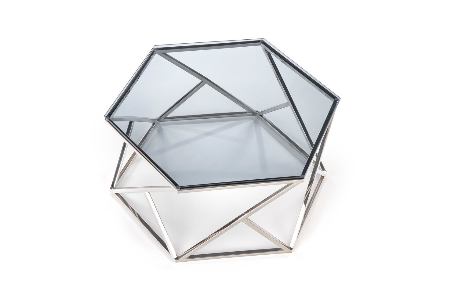 ŁAWA KAWOWA metalowo-szklana, kształt oktagonu, srebrny stelaż, przydymiony blat, glamour ŁAWA KAWOWA metalowo-szklana, kształt oktagonu, srebrny stelaż, przydymiony blat, glamour