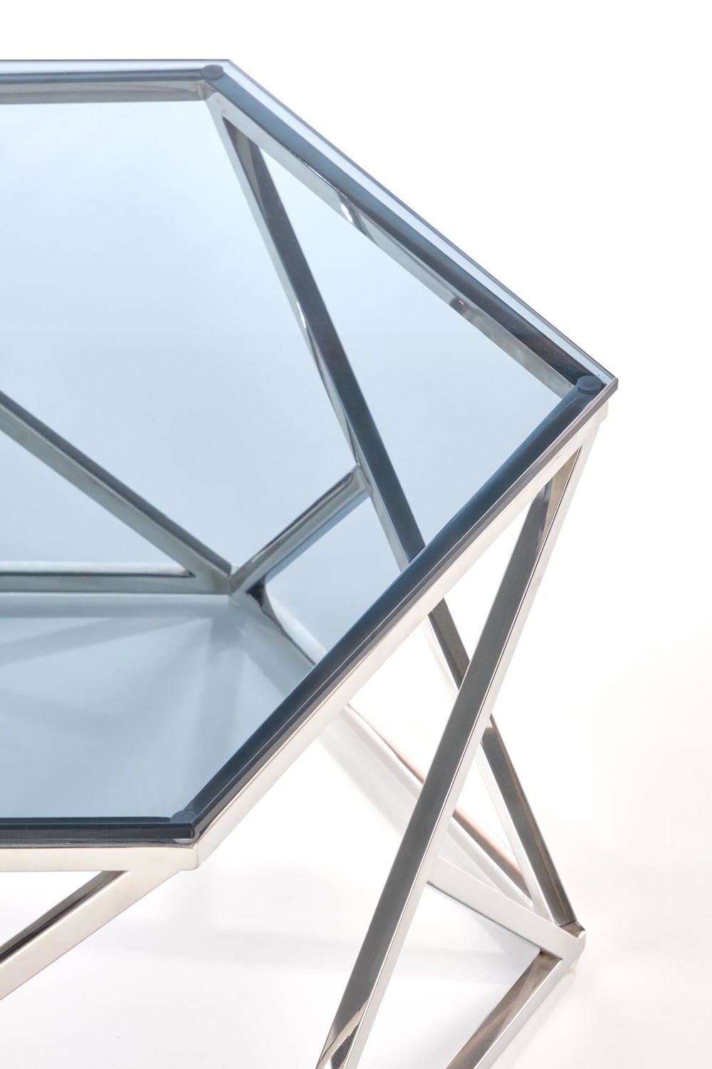 ŁAWA KAWOWA metalowo-szklana, kształt oktagonu, srebrny stelaż, przydymiony blat, wyjątkowy ŁAWA KAWOWA metalowo-szklana, kształt oktagonu, srebrny stelaż, przydymiony blat, wyjątkowy