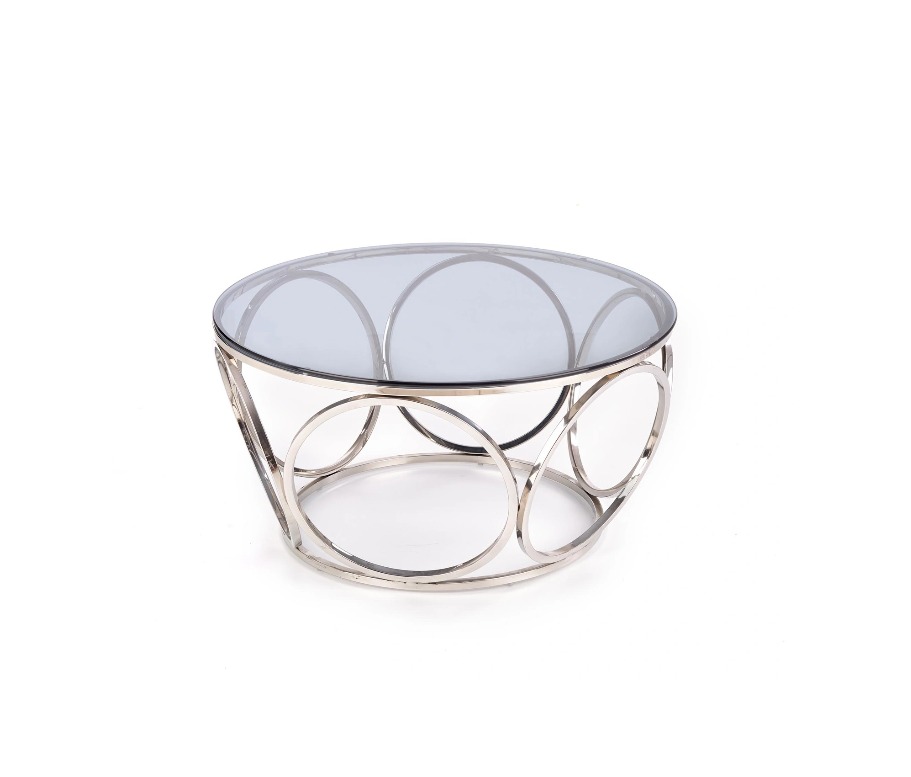 ŁAWA KAWOWA okrągła, szklany blat, metalowa podstawa w nowoczesnym stylu