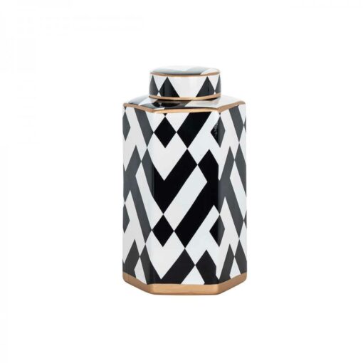 POJEMNIK ceramiczny, biało-czarny wzór z miedzianymi detalami, z pokrywką, glamour 14 cm