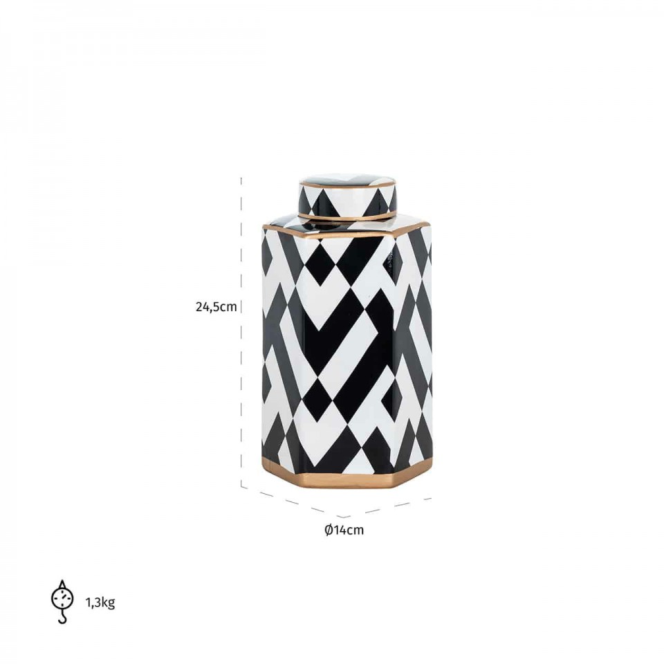 POJEMNIK ceramiczny, biało-czarny wzór z miedzianymi detalami, z pokrywką, glamour 14 cm, wymiary POJEMNIK ceramiczny, biało-czarny wzór z miedzianymi detalami, z pokrywką, glamour 14 cm, wymiary