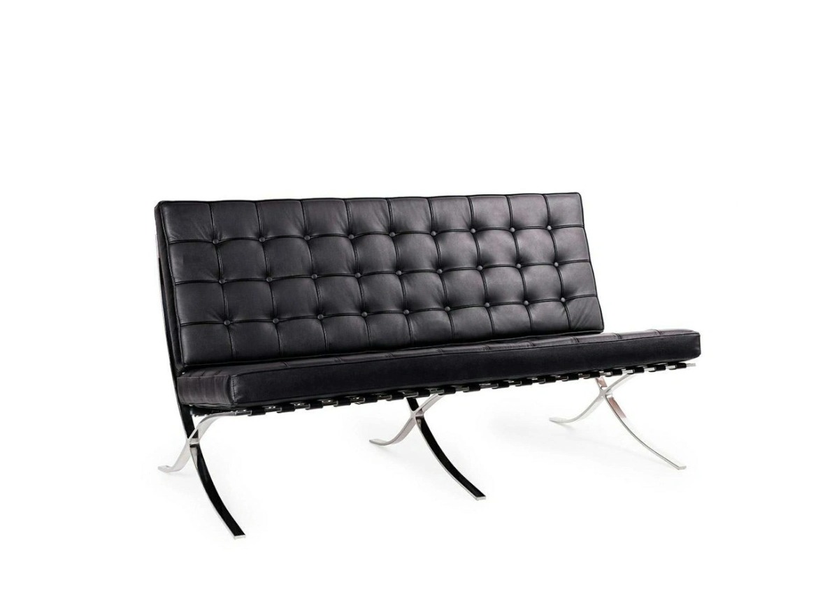 SOFA trzyosobowa, czarne pikowane skórzane obicie, chromowana podstawa, nowoczesny styl SOFA trzyosobowa, czarne pikowane skórzane obicie, chromowana podstawa, nowoczesny styl