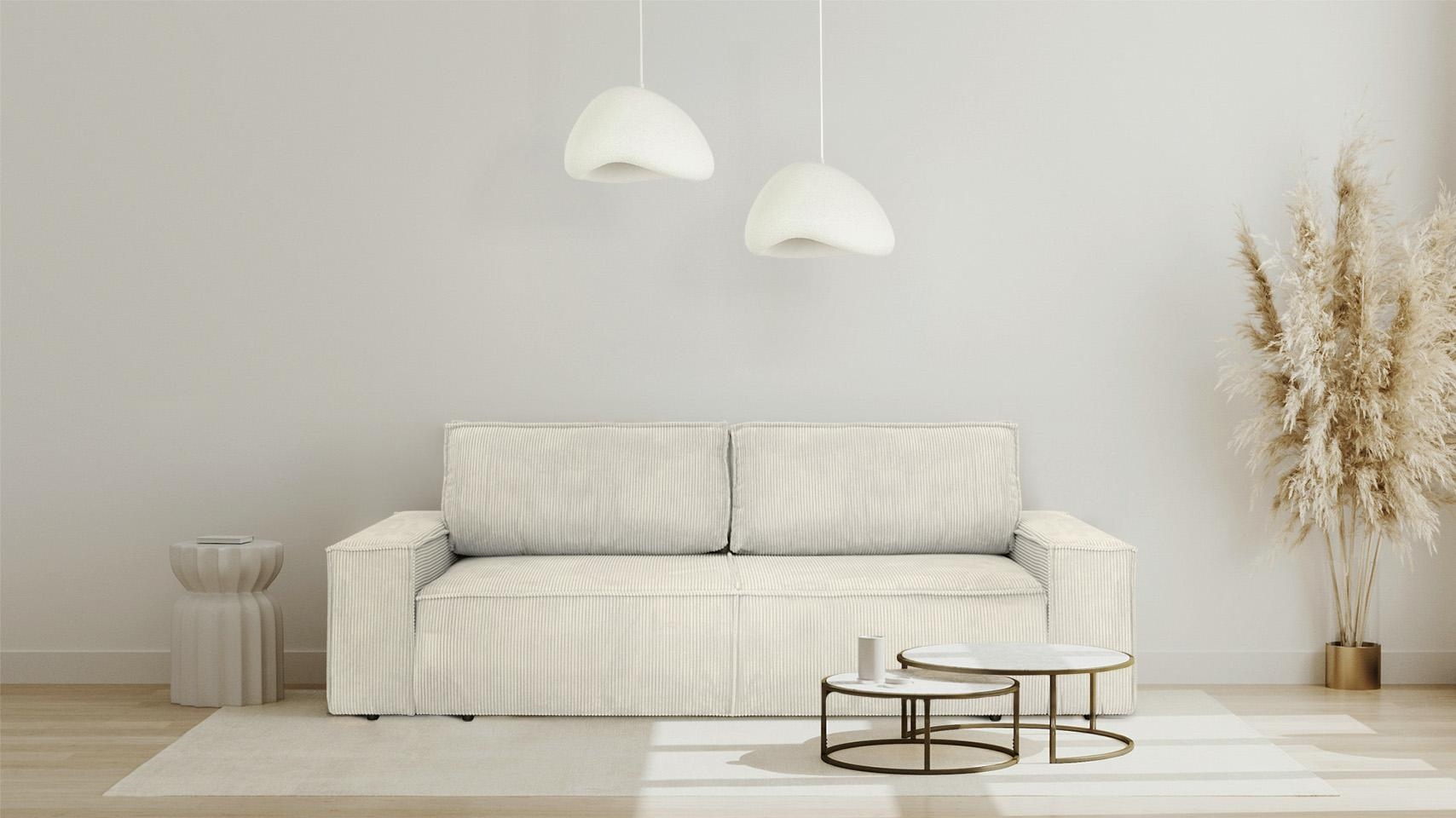 SOFA z funkcją spania i pojemnikiem na pościel, sztruksowa beżowa tkanina, nowoczesny styl SOFA z funkcją spania i pojemnikiem na pościel, sztruksowa beżowa tkanina, nowoczesny styl