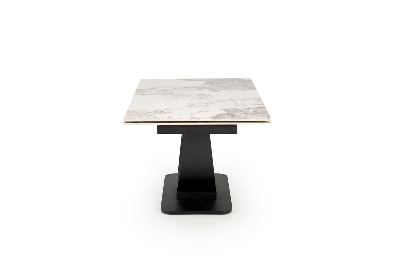 STÓŁ JADALNIANY prostokątny, czarna metalowa podstawa, biały blat ze spieku, rozkładany, premium STÓŁ JADALNIANY prostokątny, czarna metalowa podstawa, biały blat ze spieku, rozkładany, premium