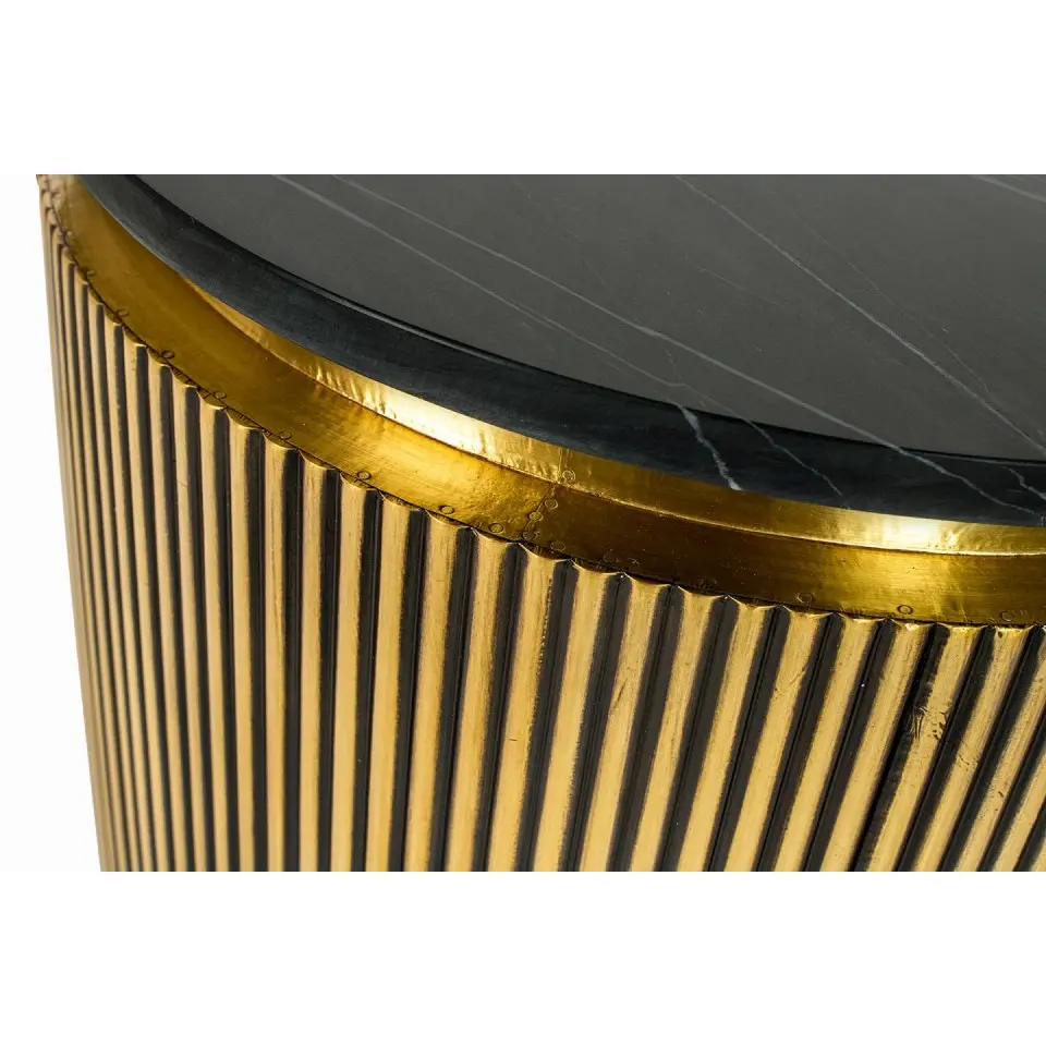 STOLIK POMOCNICZY okrągły, ryflowana mosiężna podstawa, czarny blat z marmuru, glamour, elegancki