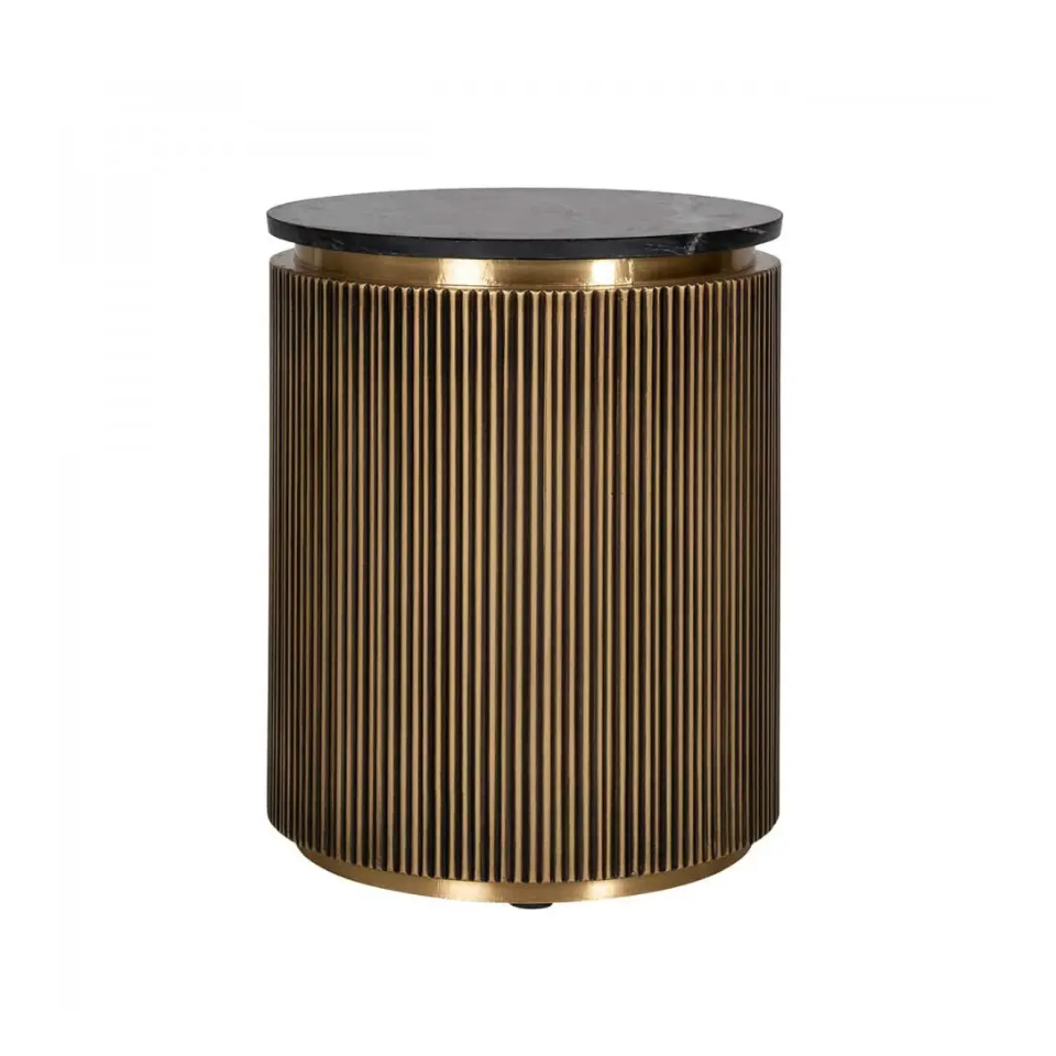 STOLIK POMOCNICZY okrągły, ryflowana mosiężna podstawa, czarny blat z marmuru, glamour