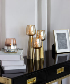 ŚWIECZNIK złoty szklany na tealighty, kształt kielicha, styl glamour, nowoczesny